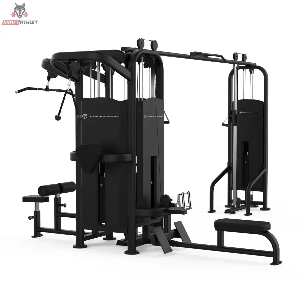 Titanium Strength Black Series Multistation 5 Stationen, Frontansicht mit Gewichtsblöcken und Bänken