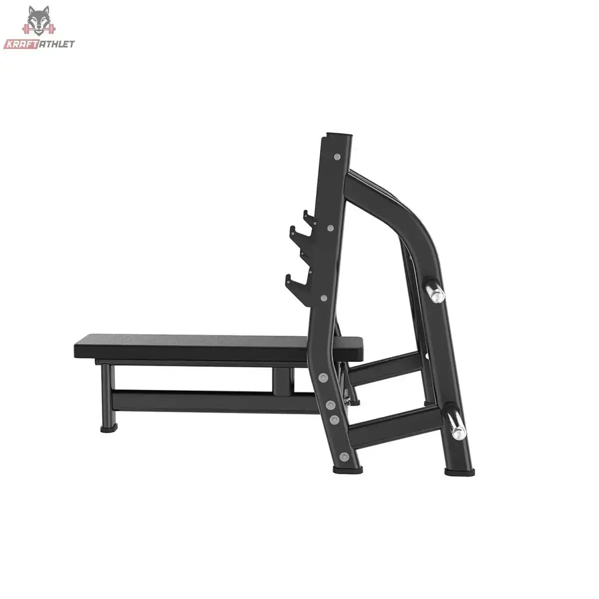 Titanium Strength Black Series Olympische Drückbank Flach: Seitenansicht mit Hantelständer und Liegefläche