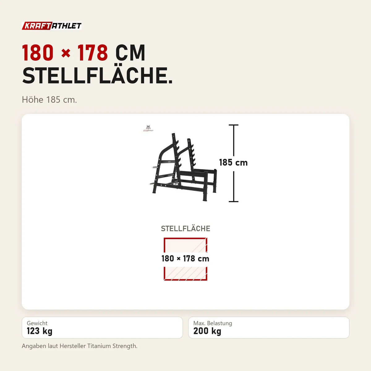 Maßbild Titanium Strength Black Series Olympisches Kniebeugen-Rack: Stellfläche 180 × 178 cm, Höhe 185 cm
