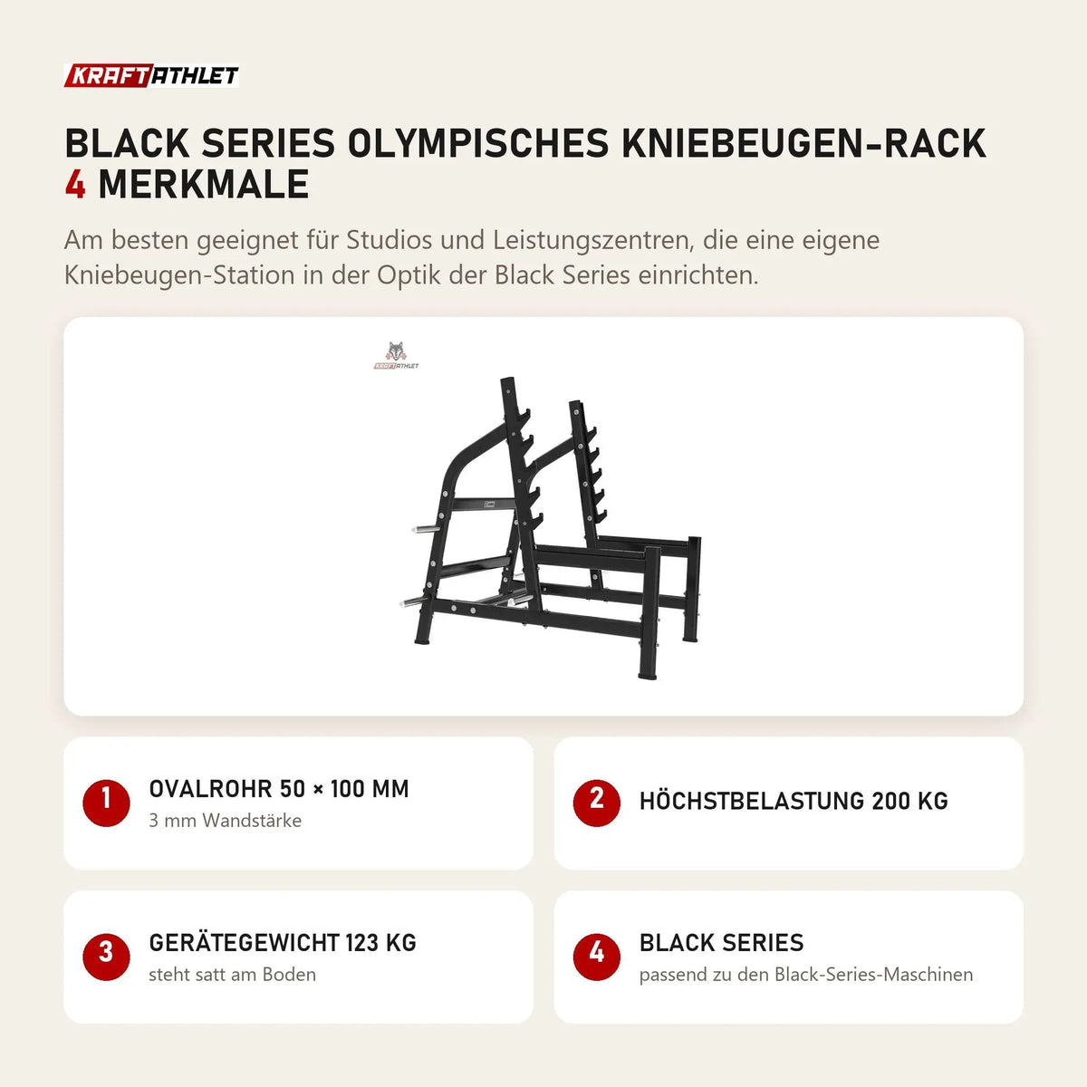 Titanium Strength Black Series Olympisches Kniebeugen-Rack mit 4 Merkmalen: Ovalrohr 50 × 100 mm, Höchstbelastung 200 kg, Gerätegewicht 123 kg, Black Series