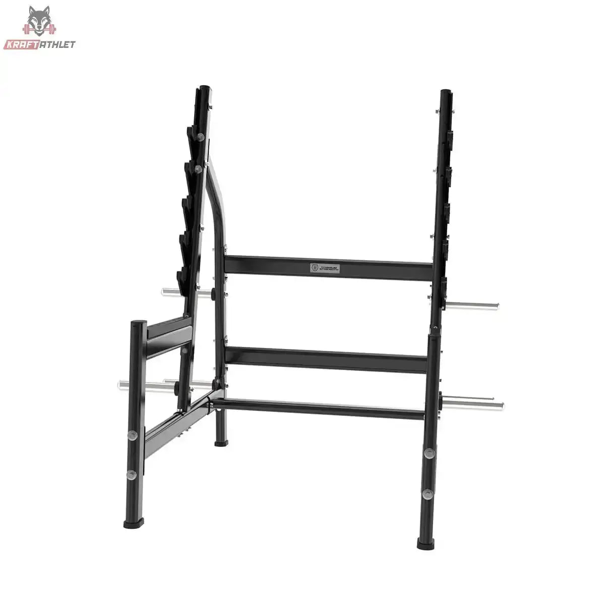 Titanium Strength Black Series Olympisches Kniebeugen-Rack: Seitenansicht in Schwarz mit Hantelscheibenhaltern und Querstreben