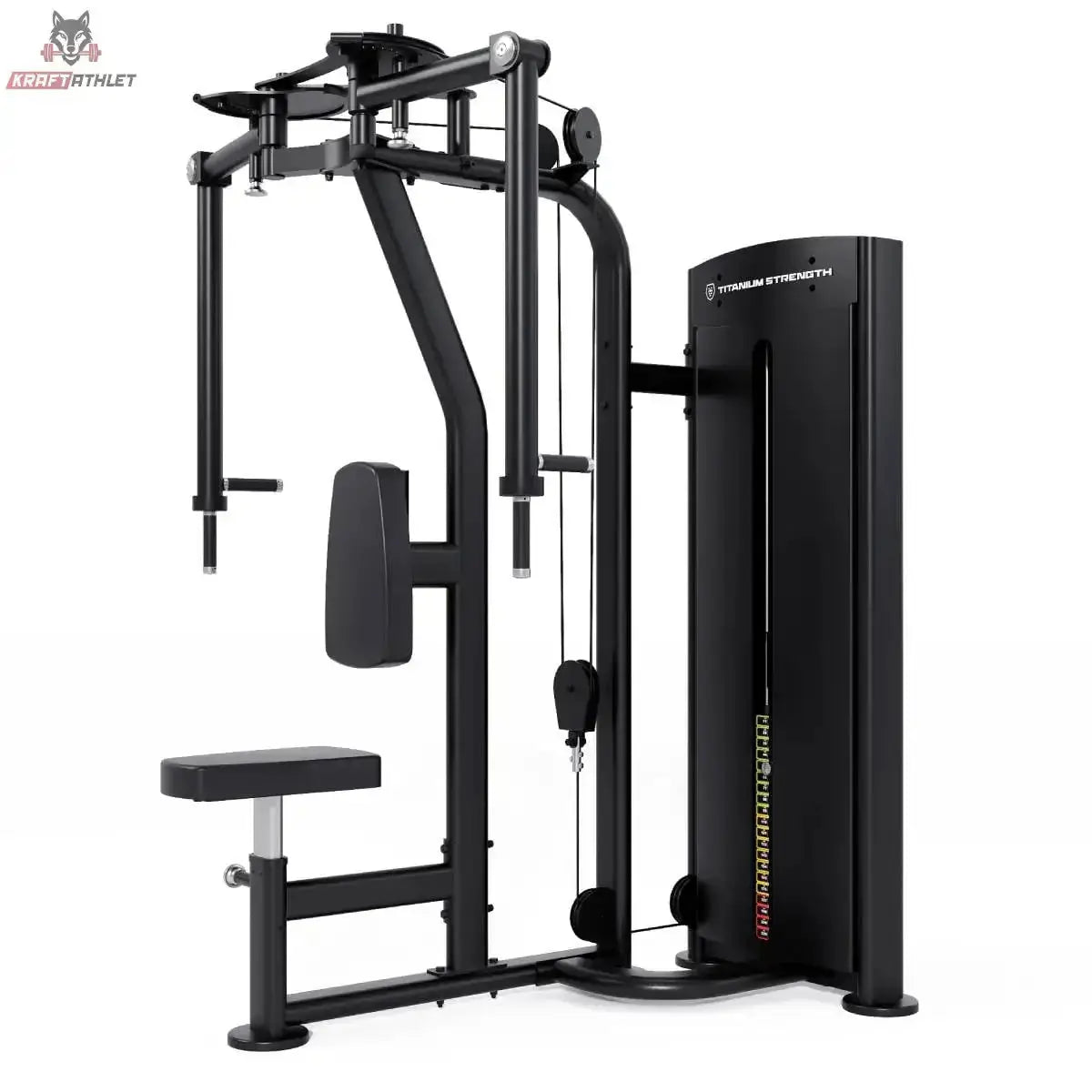Titanium Strength Black Series Pec Deck – Schrägansicht von hinten mit Seilzug und Gewichtsturm, schwarz