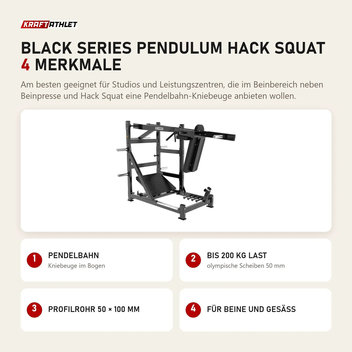 Titanium Strength Black Series Pendulum Hack Squat mit 4 Merkmalen: Pendelbahn, Bis 200 kg Last, Profilrohr 50 × 100 mm, Für Beine und Gesäß