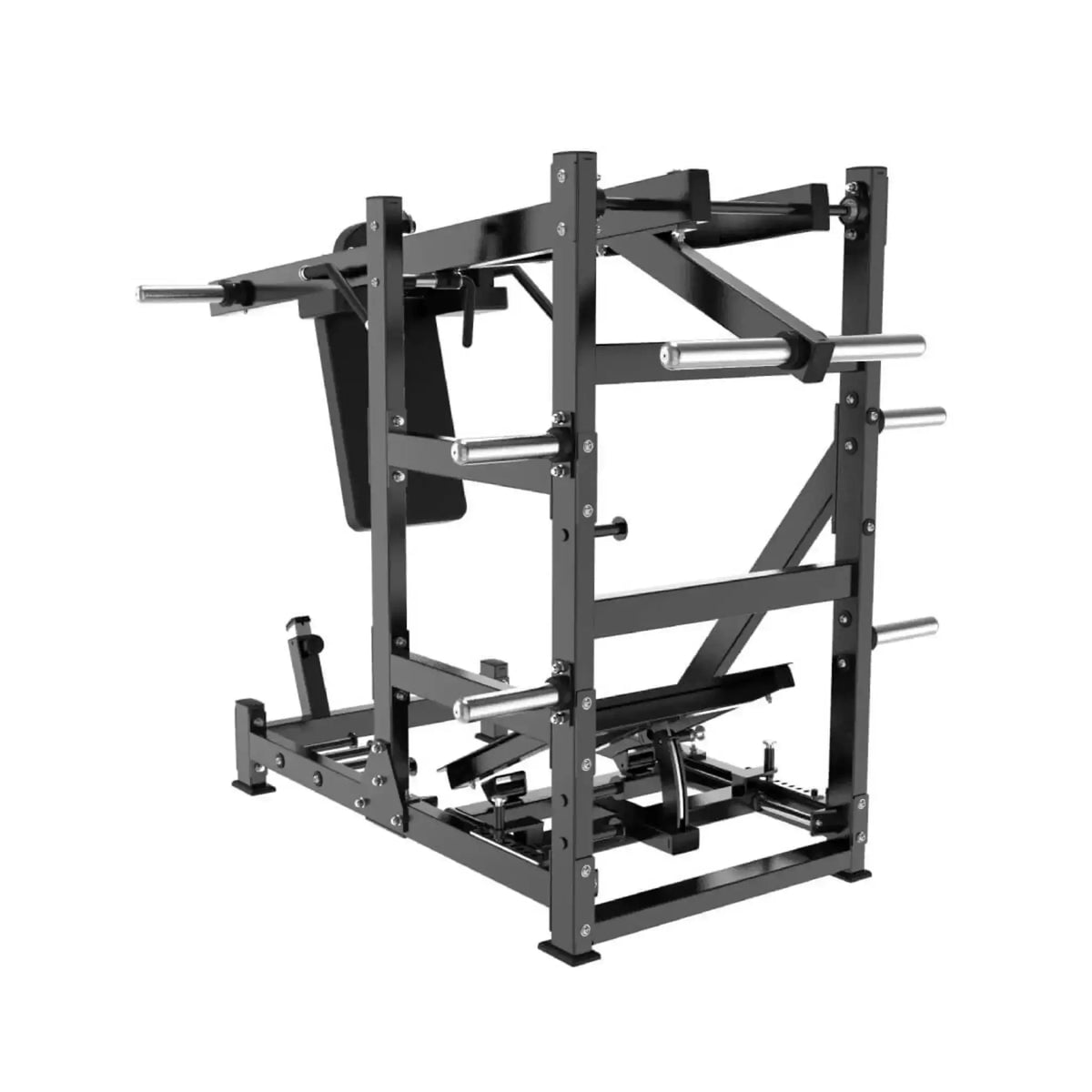 Titanium Strength Black Series Pendulum Hack Squat in Schwarz, Schrägansicht von hinten mit Hantelaufnahmen