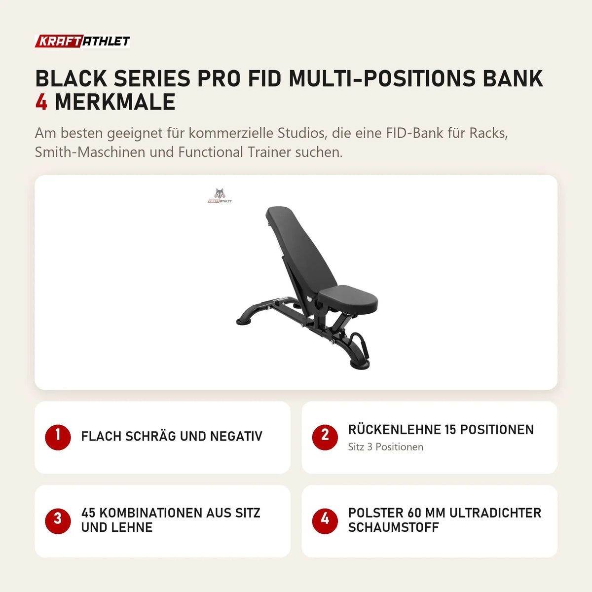 Titanium Strength Black Series Pro FID Multi-Positions Bank mit 4 Merkmalen: Flach schräg und negativ, Rückenlehne 15 Positionen, 45 Kombinationen aus Sitz und Lehne, Polster 60 mm ultradichter Schaumstoff