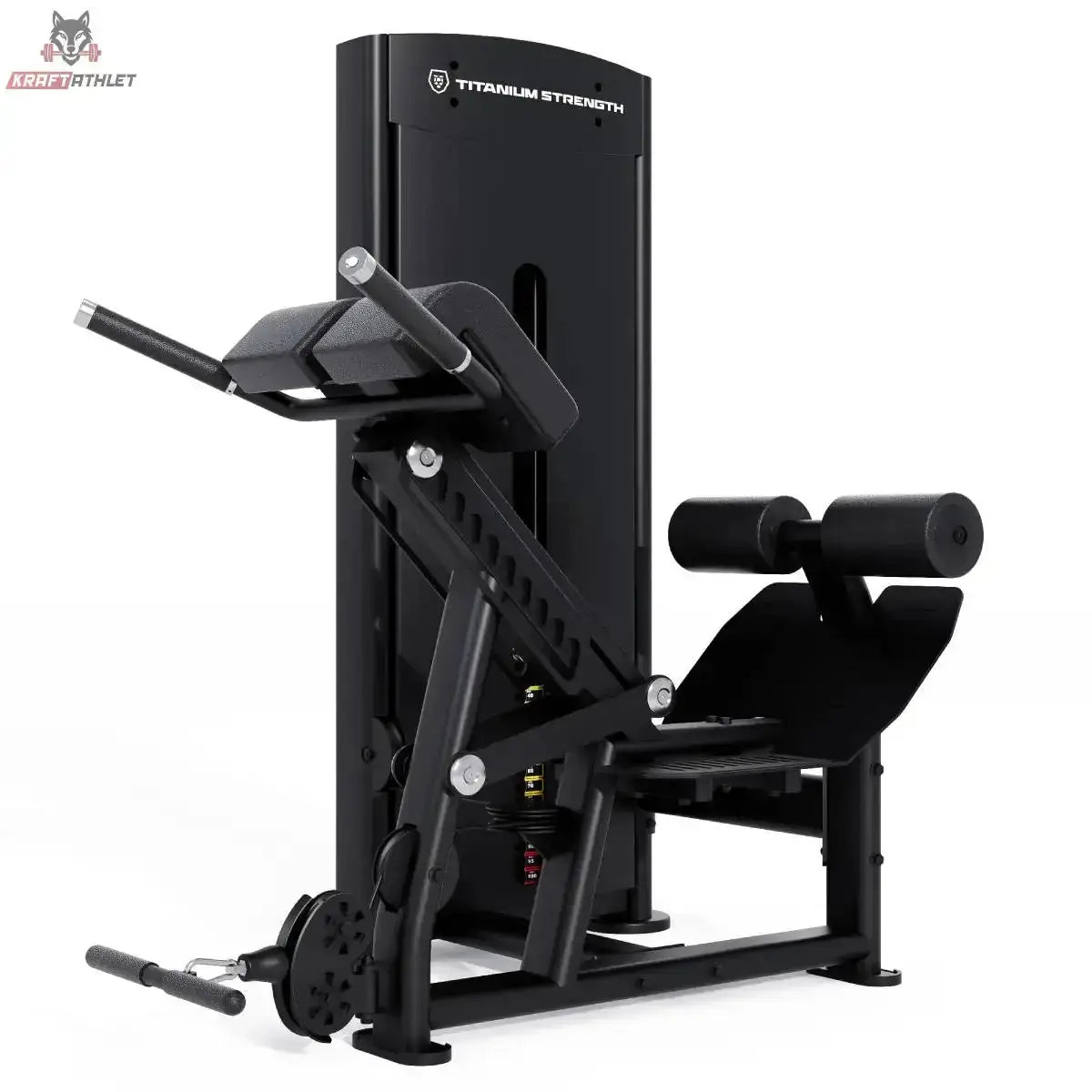 Titanium Strength Black Series Rückenstrecker Hyperextension – Schrägansicht von der anderen Seite mit Rollenpolstern, schwarz