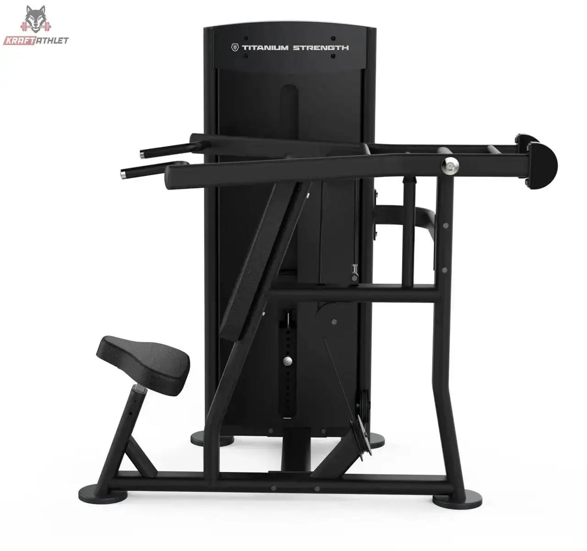 Titanium Strength Black Series Schulterpresse: Schrägansicht von rechts mit Sitz und Hebelarmen, in Schwarz