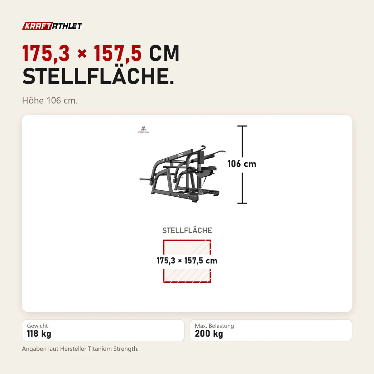 Maßbild Titanium Strength Black Series Seated Dip Maschine: Stellfläche 175,3 × 157,5 cm, Höhe 106 cm
