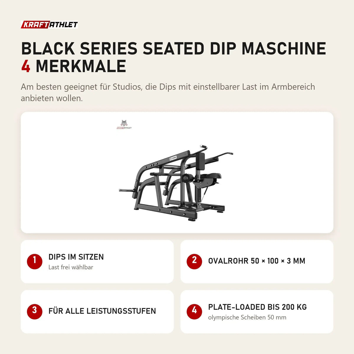 Titanium Strength Black Series Seated Dip Maschine mit 4 Merkmalen: Dips im Sitzen, Ovalrohr 50 × 100 × 3 mm, Für alle Leistungsstufen, Plate-Loaded bis 200 kg