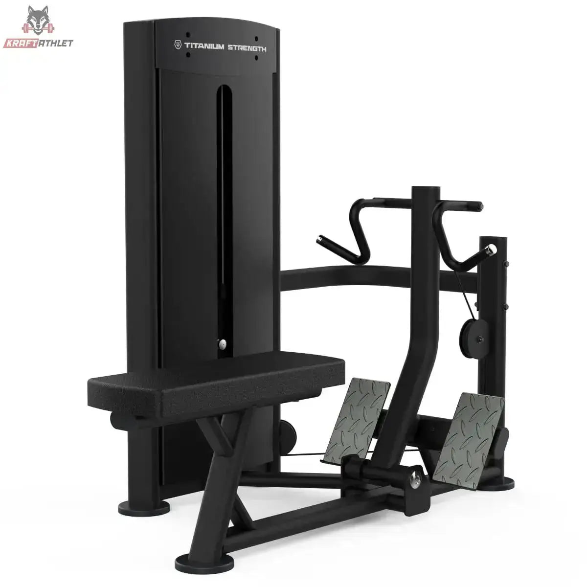 Titanium Strength Black Series Seated Row: Schrägansicht mit Brustpolster, Rudergriffen und Fußplatten, in Schwarz
