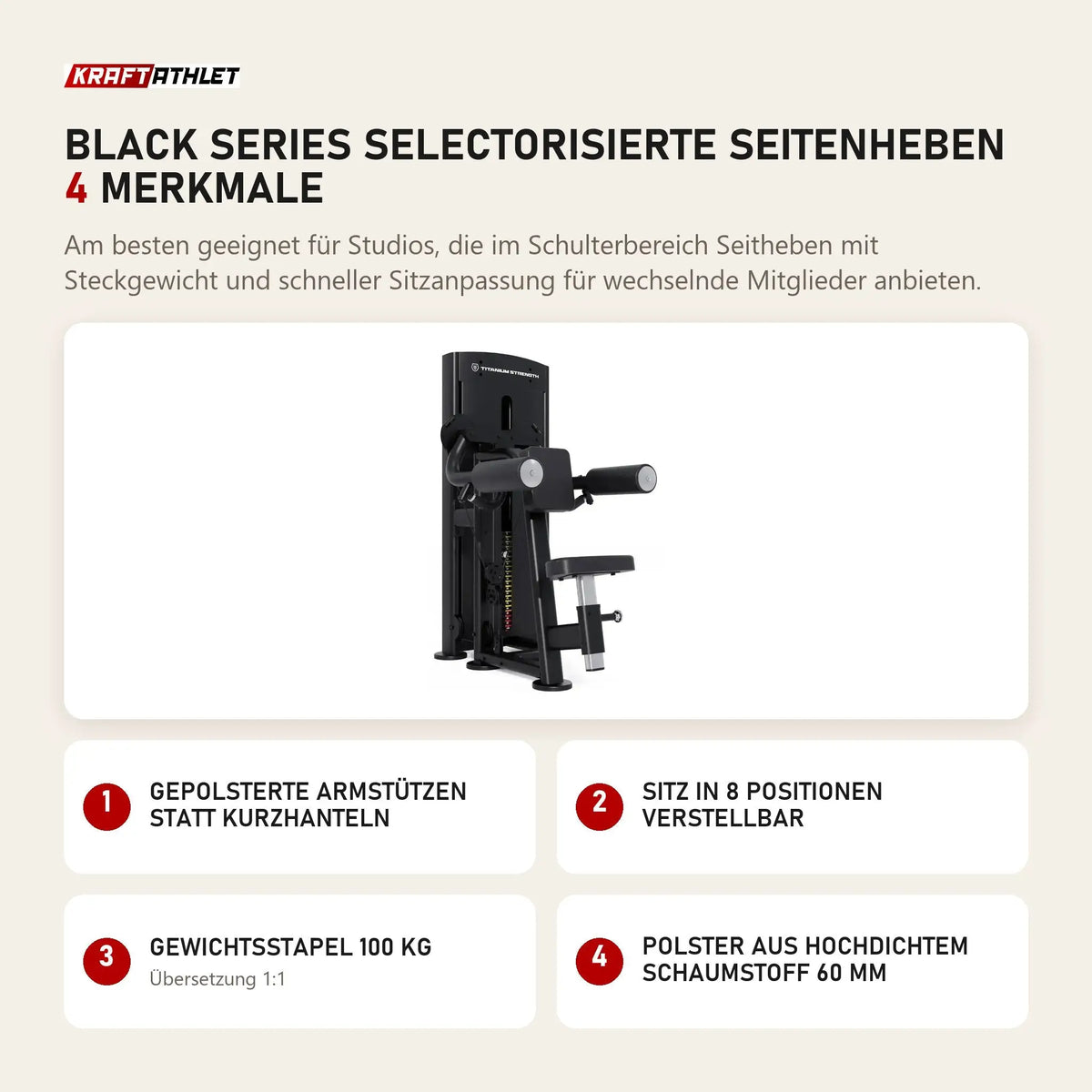 Titanium Strength Black Series Selectorisierte Seitenheben mit 4 Merkmalen: Gepolsterte Armstützen statt Kurzhanteln, Sitz in 8 Positionen verstellbar, Gewichtsstapel 100 kg, Polster aus hochdichtem Schaumstoff 60 mm