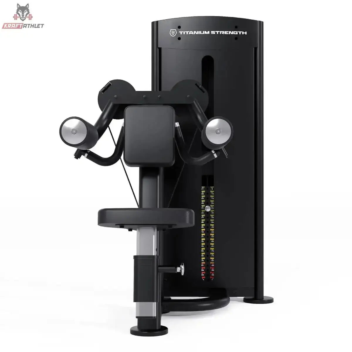 Titanium Strength Black Series Selectorisierte Seitenheben – Vorderansicht mit Sitz, Armpolstern und Gewichtsturm, schwarz