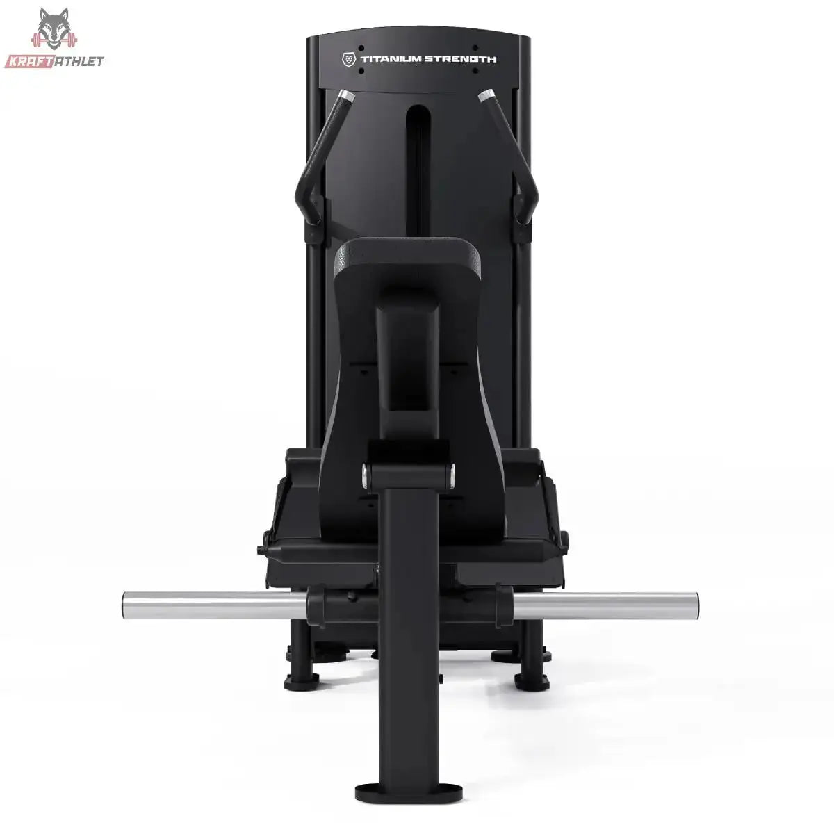 Titanium Strength Black Series Selectorisierte Hip Thrust – Vorderansicht von der Fußseite mit Hüftbügel, schwarz