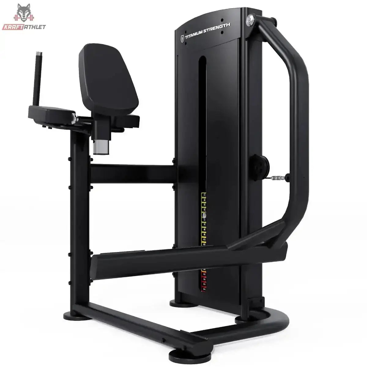 Titanium Strength Black Series Selectorized Glute: Schrägansicht von rechts mit Rückenpolster und Hebel