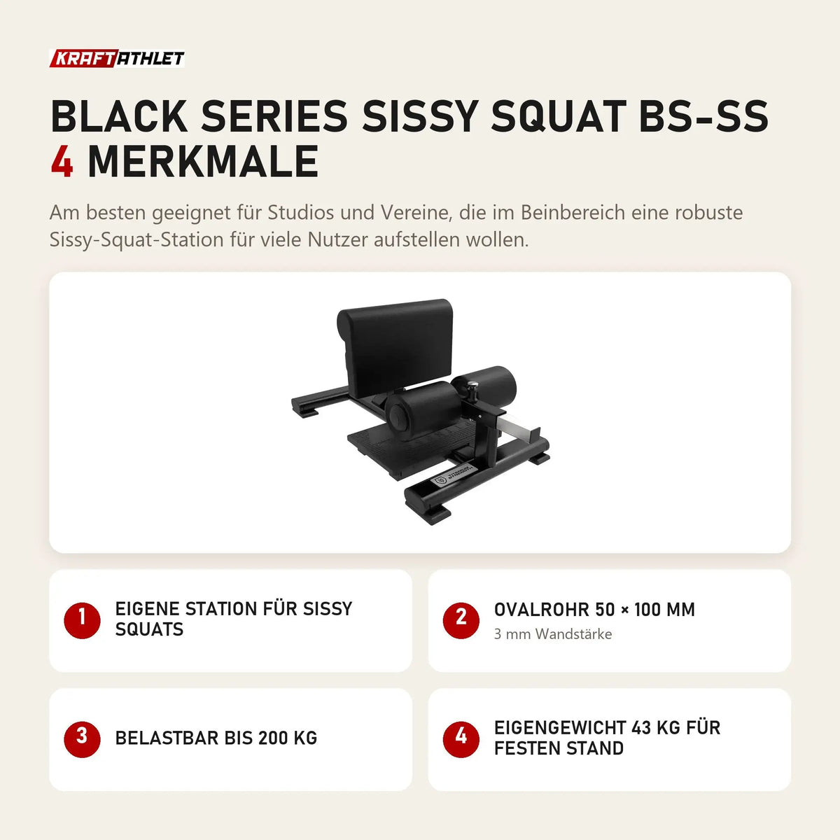 Titanium Strength Black Series Sissy Squat BS-SS mit 4 Merkmalen: Eigene Station für Sissy Squats, Ovalrohr 50 × 100 mm, Belastbar bis 200 kg, Eigengewicht 43 kg für festen Stand