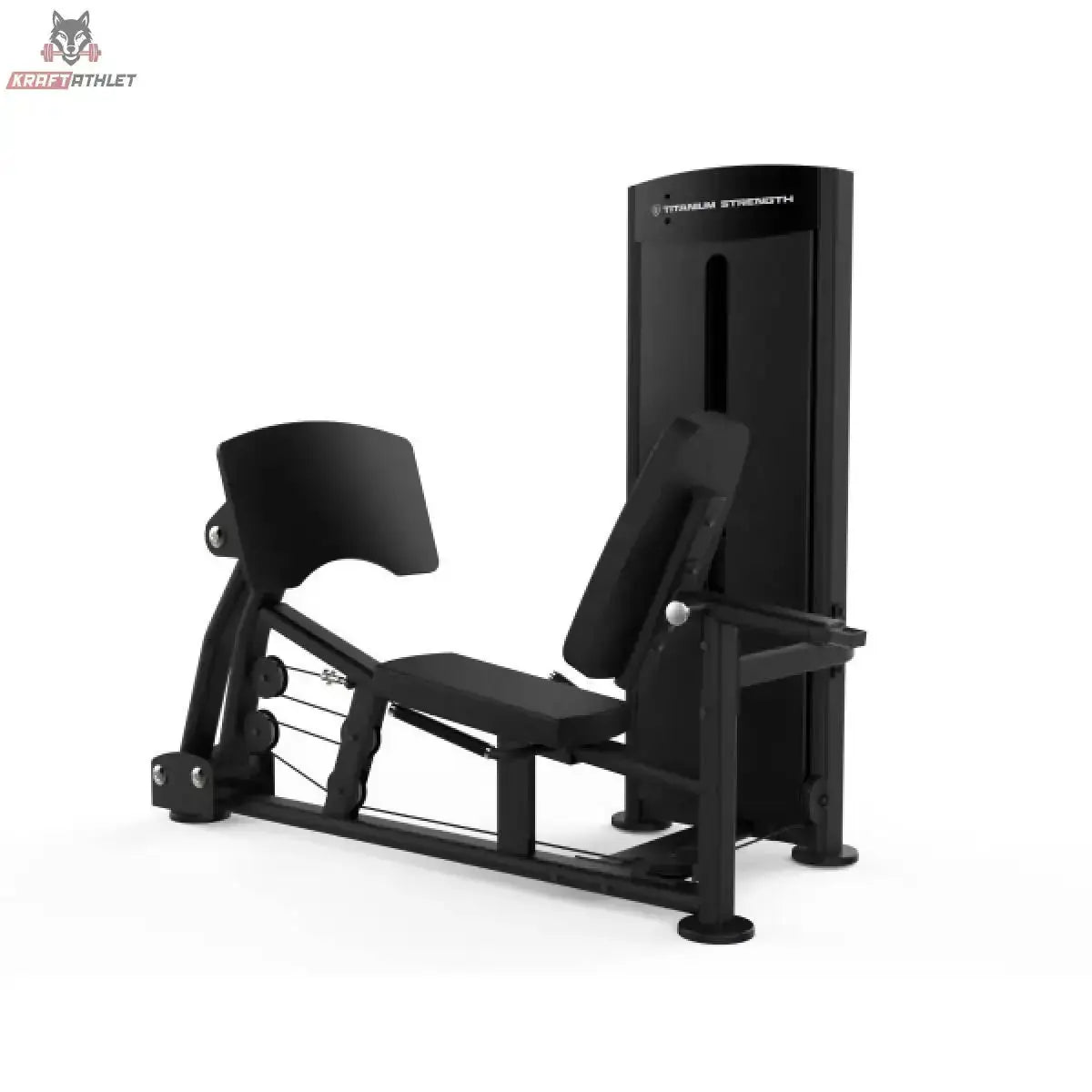 Titanium Strength Black Series Sitzende Beinpresse und Wadenheben: Schrägansicht von links mit Sitz und Fußplatte, in Schwarz