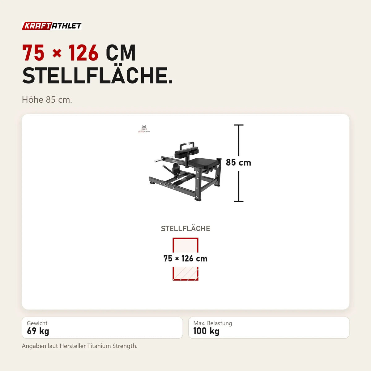 Maßbild Titanium Strength Black Series Sitzende Wadenmaschine: Stellfläche 75 × 126 cm, Höhe 85 cm