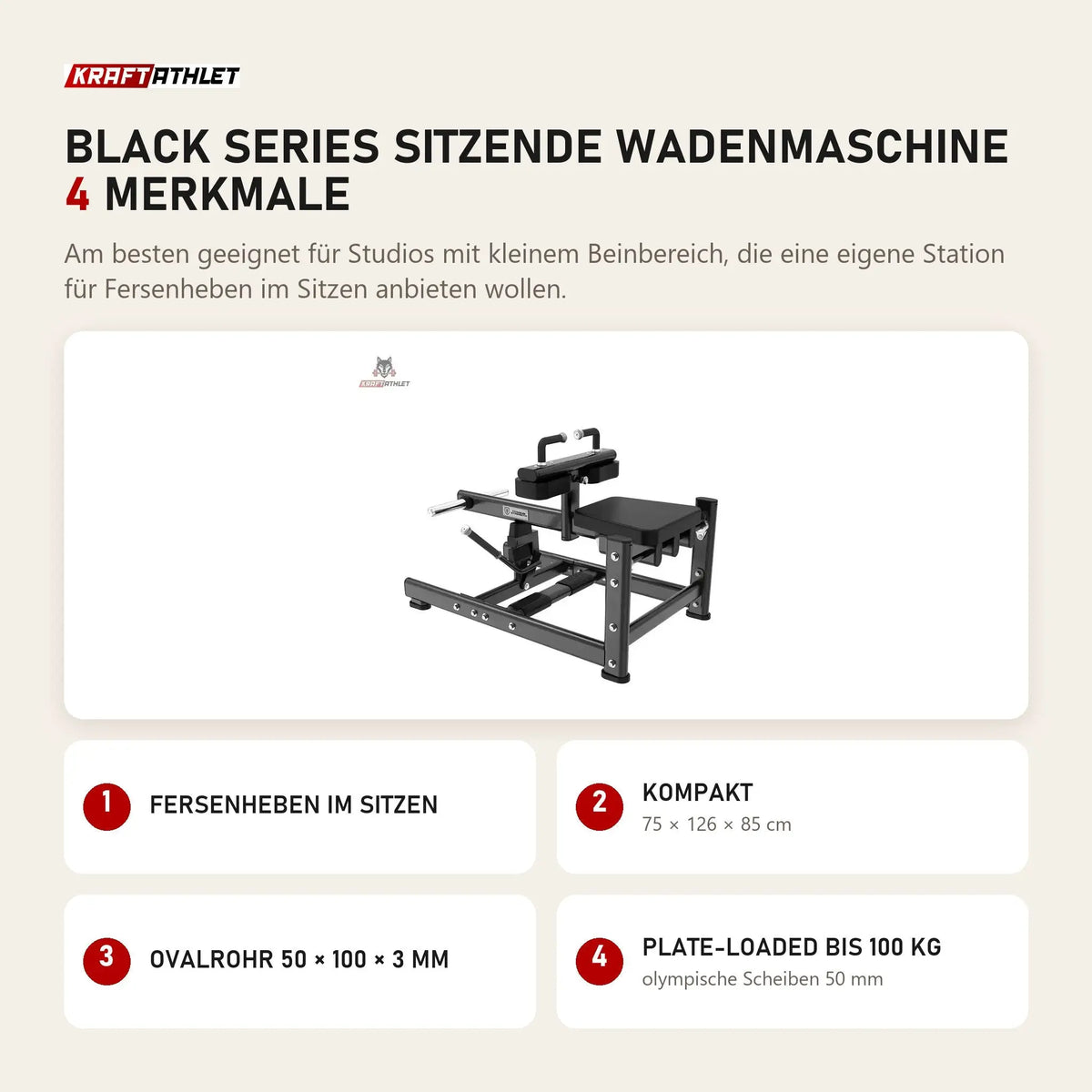 Titanium Strength Black Series Sitzende Wadenmaschine mit 4 Merkmalen: Fersenheben im Sitzen, Kompakt, Ovalrohr 50 × 100 × 3 mm, Plate-Loaded bis 100 kg