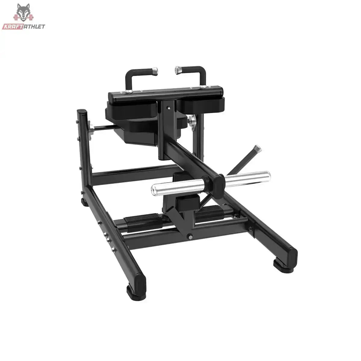Titanium Strength Black Series Sitzende Wadenmaschine: Schrägansicht von hinten mit Scheibenhalter und Fußplatte