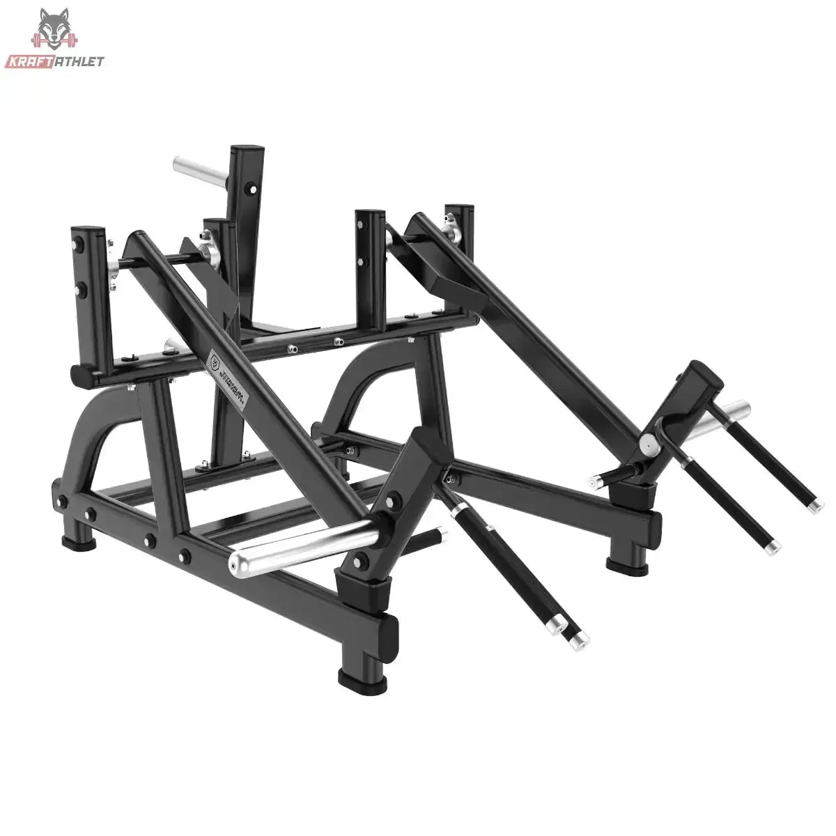 Titanium Strength Black Series Squat Lunge Maschine in Schrägansicht von vorn mit Schulterpolstern und Hebelarmen