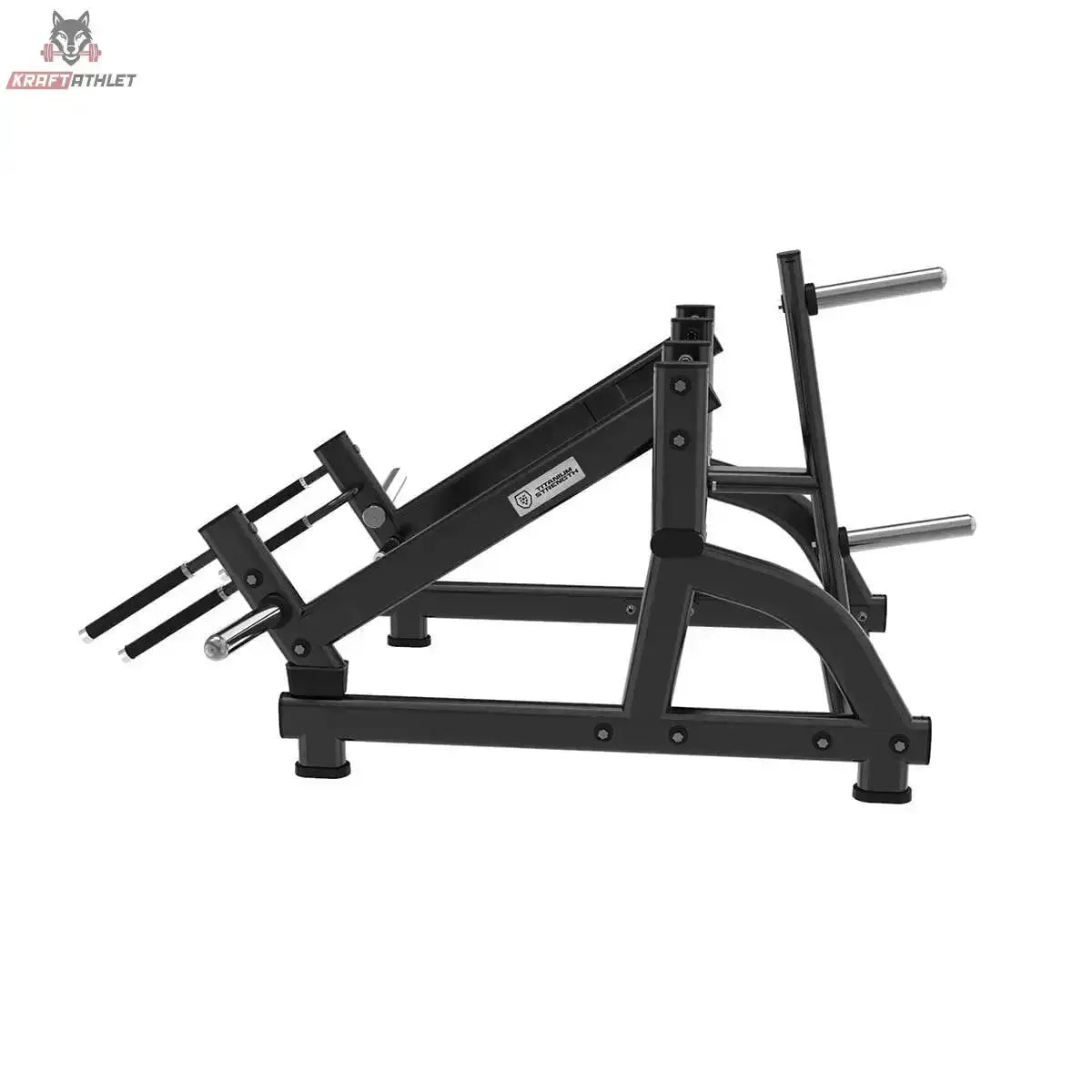 Titanium Strength Black Series Squat Lunge Maschine in Seitenansicht mit schrägem Hebelarm und Scheibenhaltern
