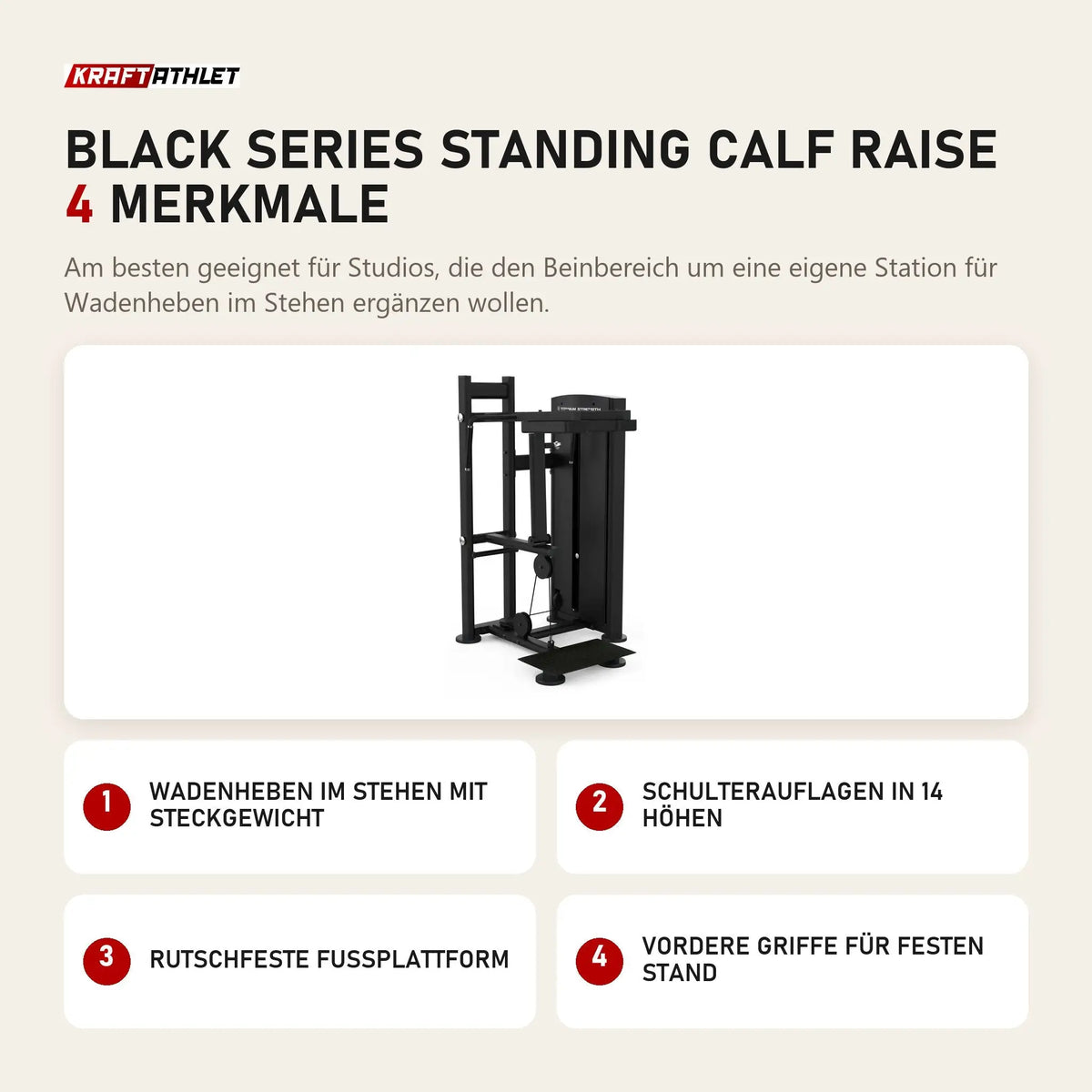 Titanium Strength Black Series Standing Calf Raise mit 4 Merkmalen: Wadenheben im Stehen mit Steckgewicht, Schulterauflagen in 14 Höhen, Rutschfeste Fußplattform, Vordere Griffe für festen Stand