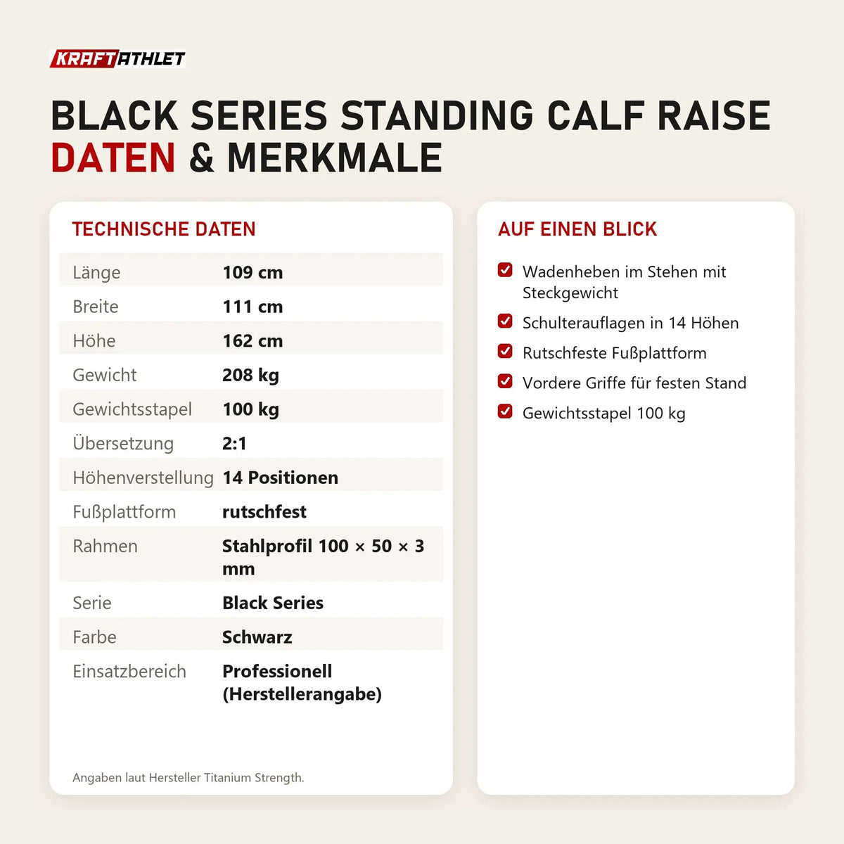Technische Daten und Merkmale von Titanium Strength Black Series Standing Calf Raise als Tabelle