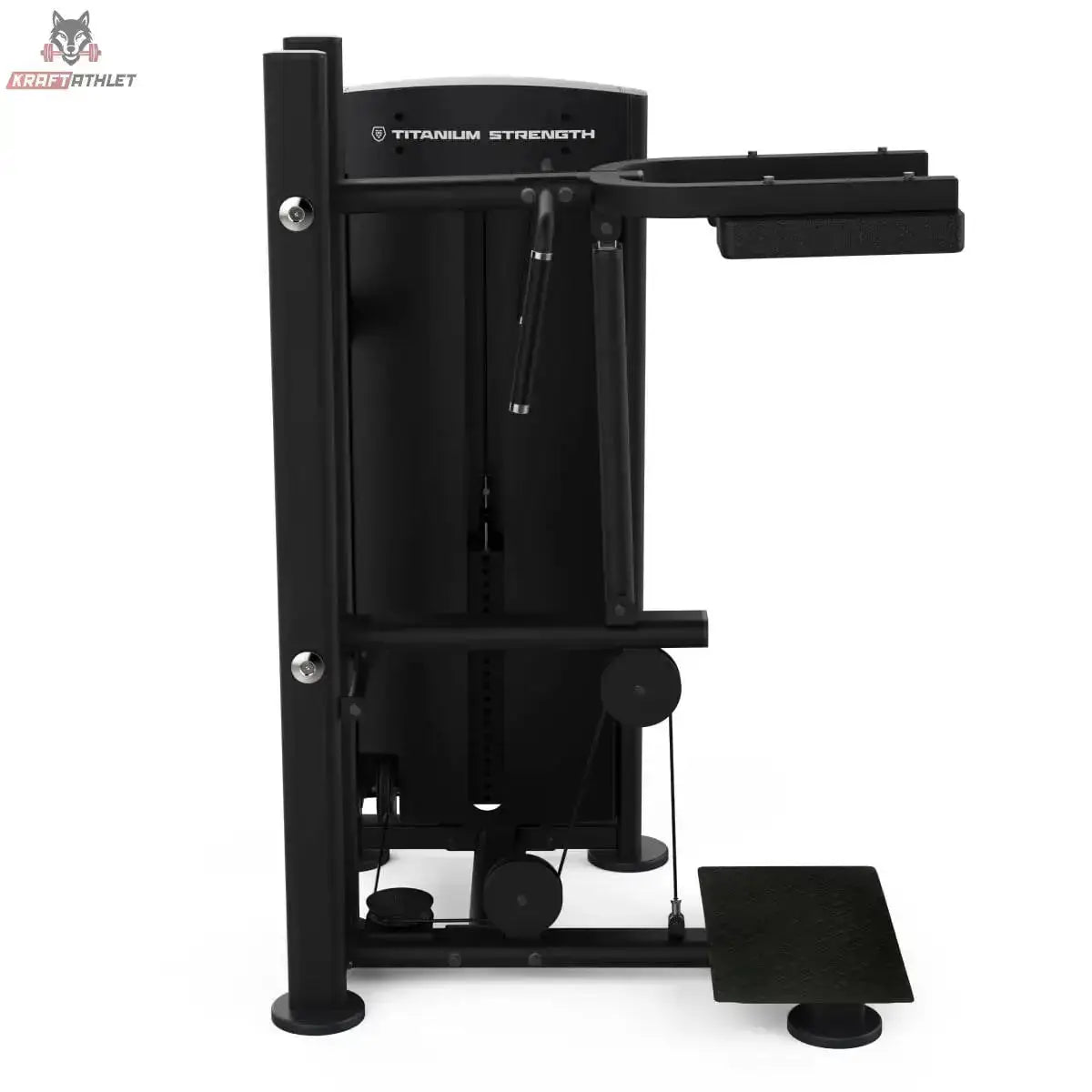 Titanium Strength Black Series Standing Calf Raise: Vorderansicht mit Schulterpolstern und Trittplatte, in Schwarz