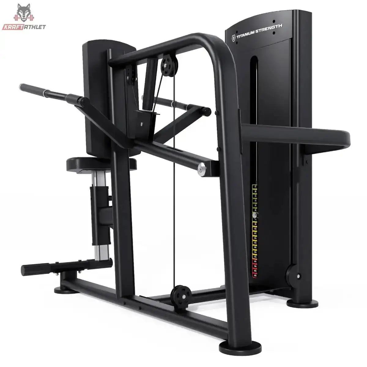 Titanium Strength Black Series Trizeps Dips: Schrägansicht von links mit Seilzug und Fußplatte