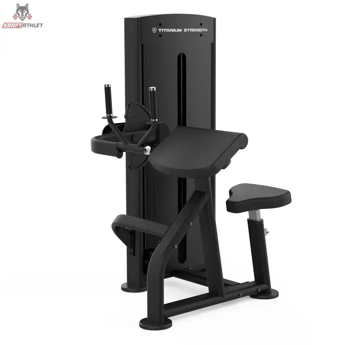 Titanium Strength Black Series Trizepsverlängerung: Schrägansicht mit Armauflage, Griffen und Sitz, in Schwarz