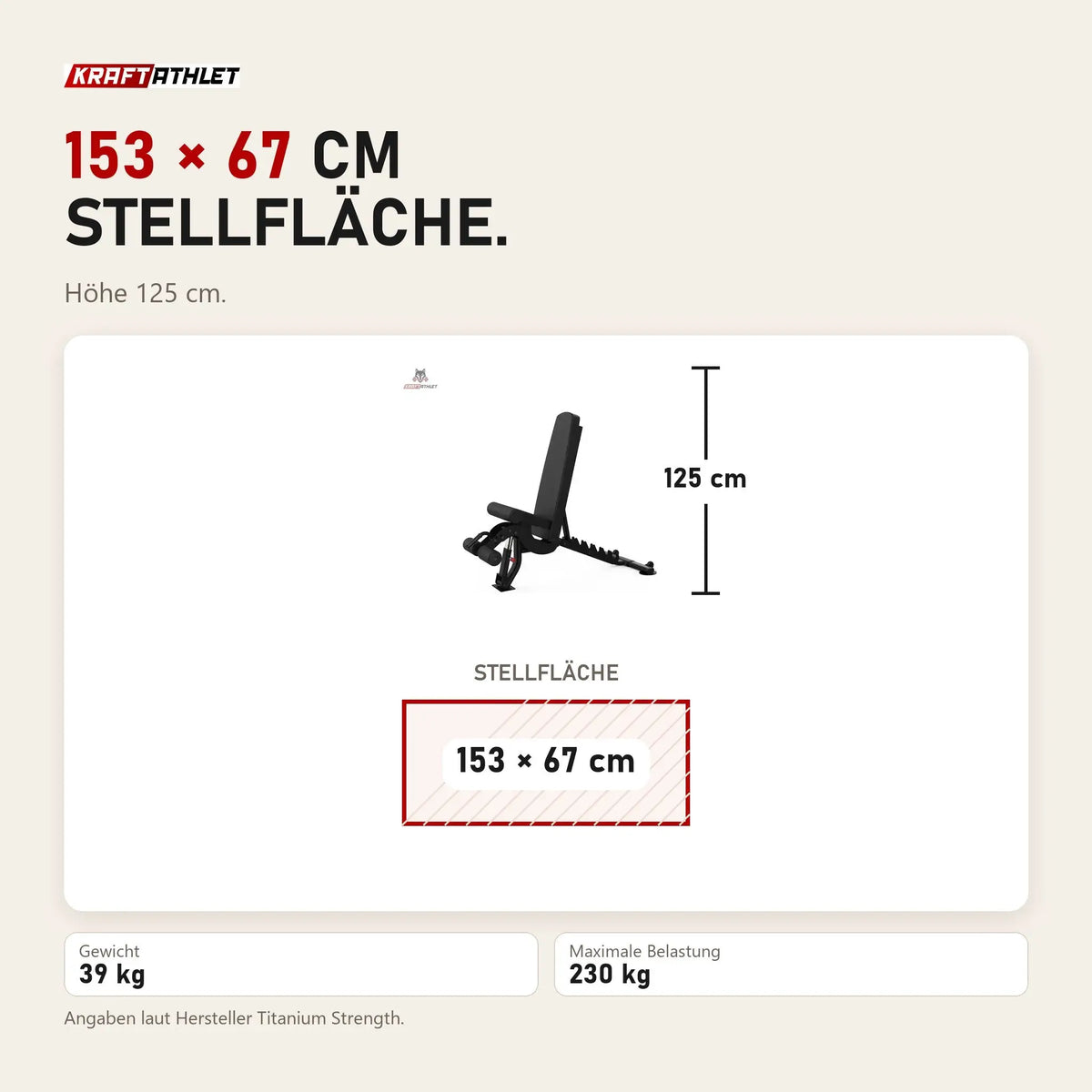 Maßbild Titanium Strength Black Series Verstellbare FID Multifunktionsbank: Stellfläche 153 × 67 cm, Höhe 125 cm