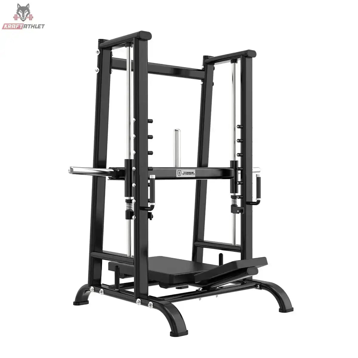 Titanium Strength Black Series Vertikale 90-Grad-Beinpresse in Schwarz, Schrägansicht mit Führungsstangen und Fußplatte