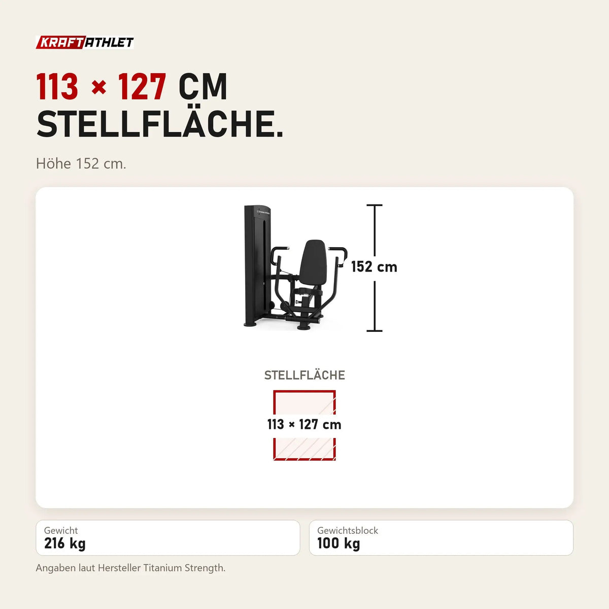 Maßbild Titanium Strength Black Series Vertikale Brustpresse: Stellfläche 113 × 127 cm, Höhe 152 cm
