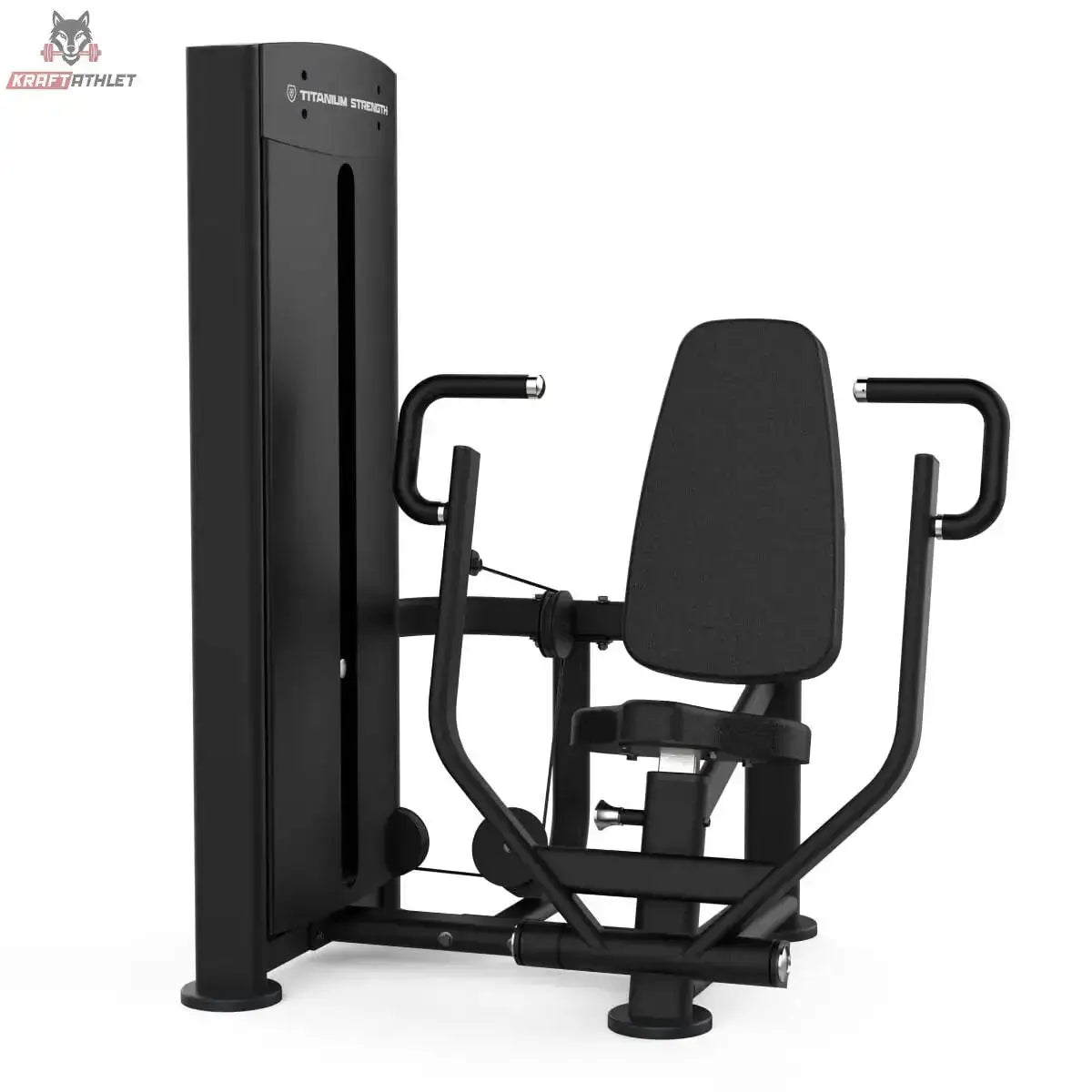 Titanium Strength Black Series Vertikale Brustpresse: Schrägansicht mit Rückenpolster und Druckgriffen, in Schwarz