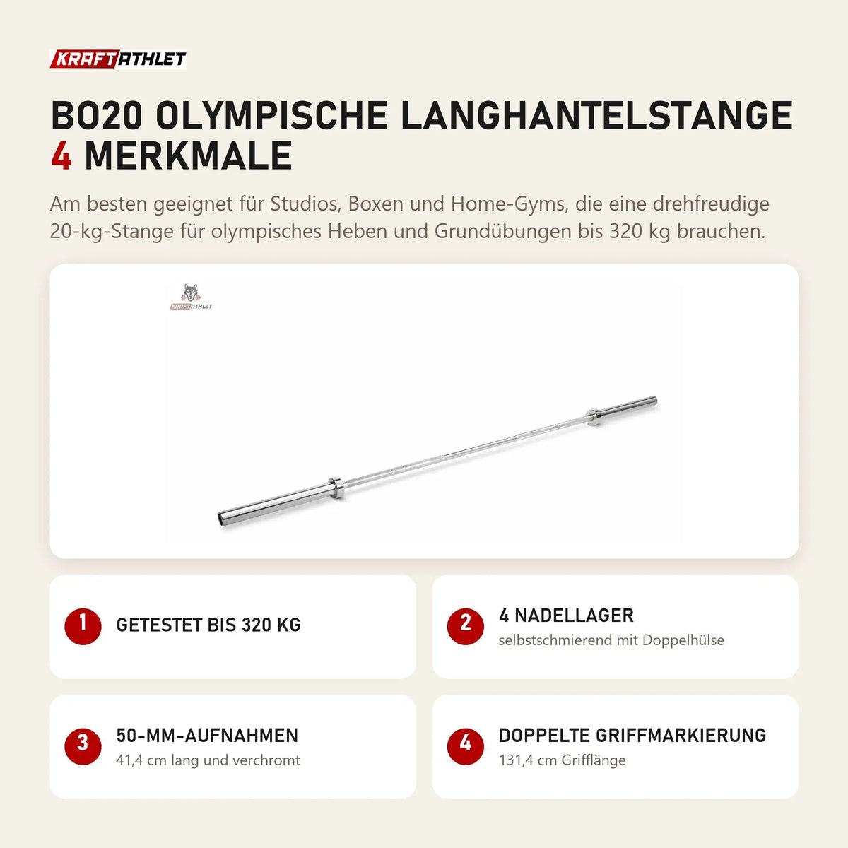 Titanium Strength BO20 Olympische Langhantelstange mit 4 Merkmalen: Getestet bis 320 kg, 4 Nadellager, 50-mm-Aufnahmen, Doppelte Griffmarkierung
