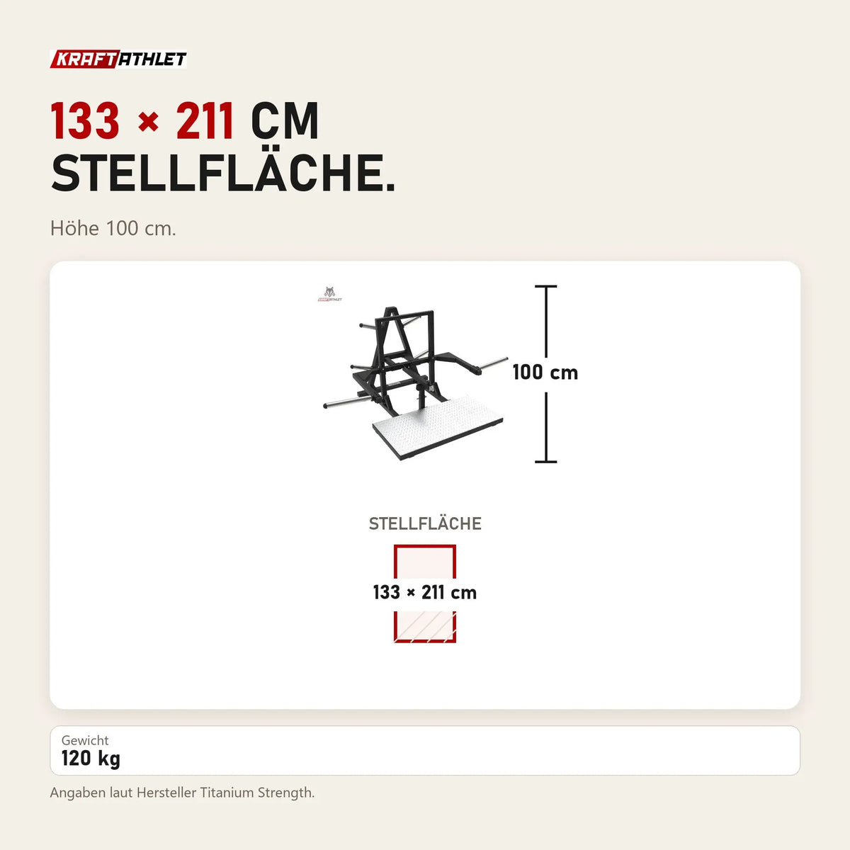 Maßbild Titanium Strength BSQ80 Belt Squat: Stellfläche 133 × 211 cm, Höhe 100 cm