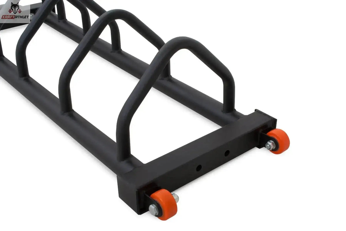 Titanium Strength Bumper-Plattenständer Deluxe BR5, Detail der orangen Transportrollen am Rahmen