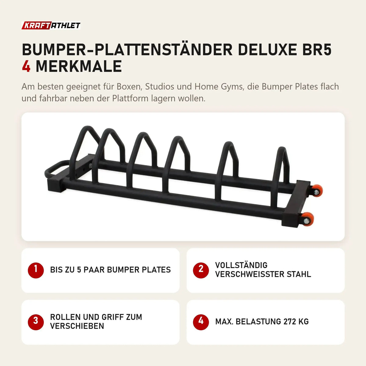 Titanium Strength Bumper-Plattenständer Deluxe BR5 mit 4 Merkmalen: Bis zu 5 Paar Bumper Plates, Vollständig verschweißter Stahl, Rollen und Griff zum Verschieben, Max. Belastung 272 kg