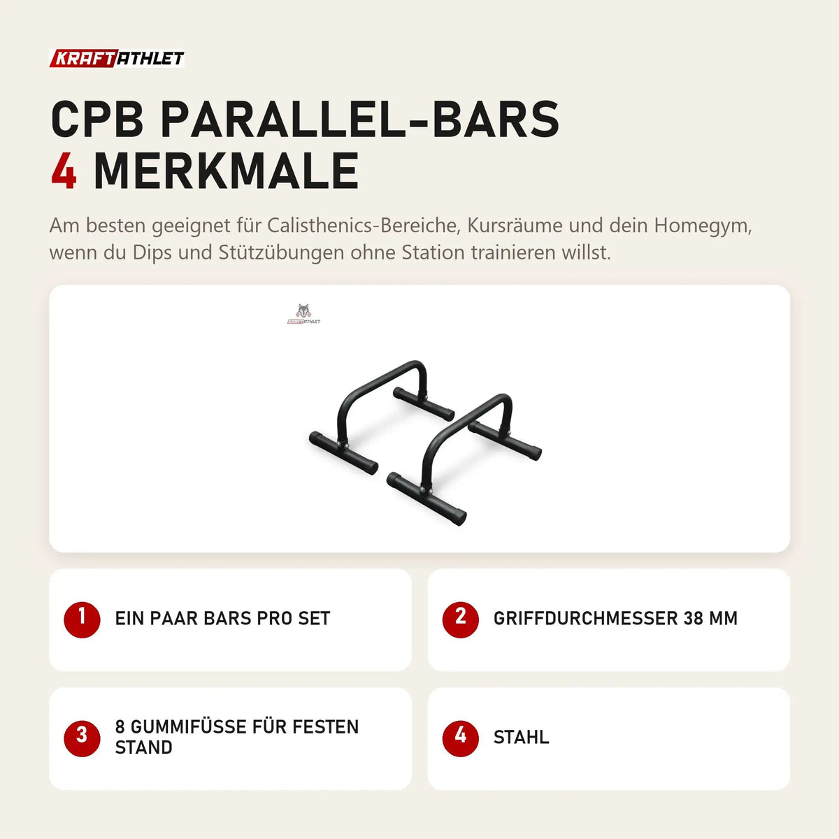Titanium Strength CPB Parallel-Bars mit 4 Merkmalen: Ein Paar Bars pro Set, Griffdurchmesser 38 mm, 8 Gummifüße für festen Stand, Stahl