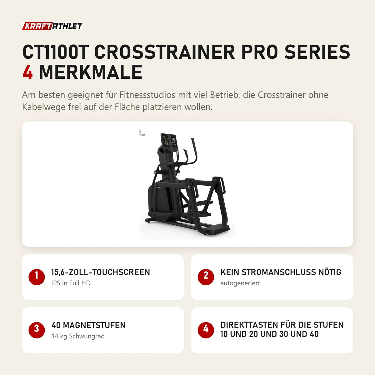 Titanium Strength CT1100T Crosstrainer Pro Series mit 4 Merkmalen: 15,6-Zoll-Touchscreen, Kein Stromanschluss nötig, 40 Magnetstufen, Direkttasten für die Stufen 10 und 20 und 30 und 40