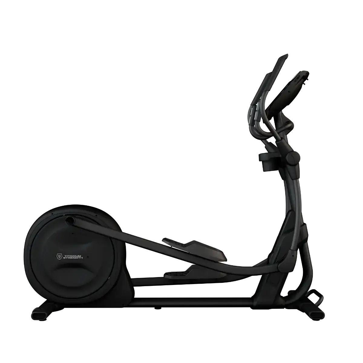 Titanium Strength CT2000 Crosstrainer Pro Series in Seitenansicht mit Schwungradverkleidung und Pedalen