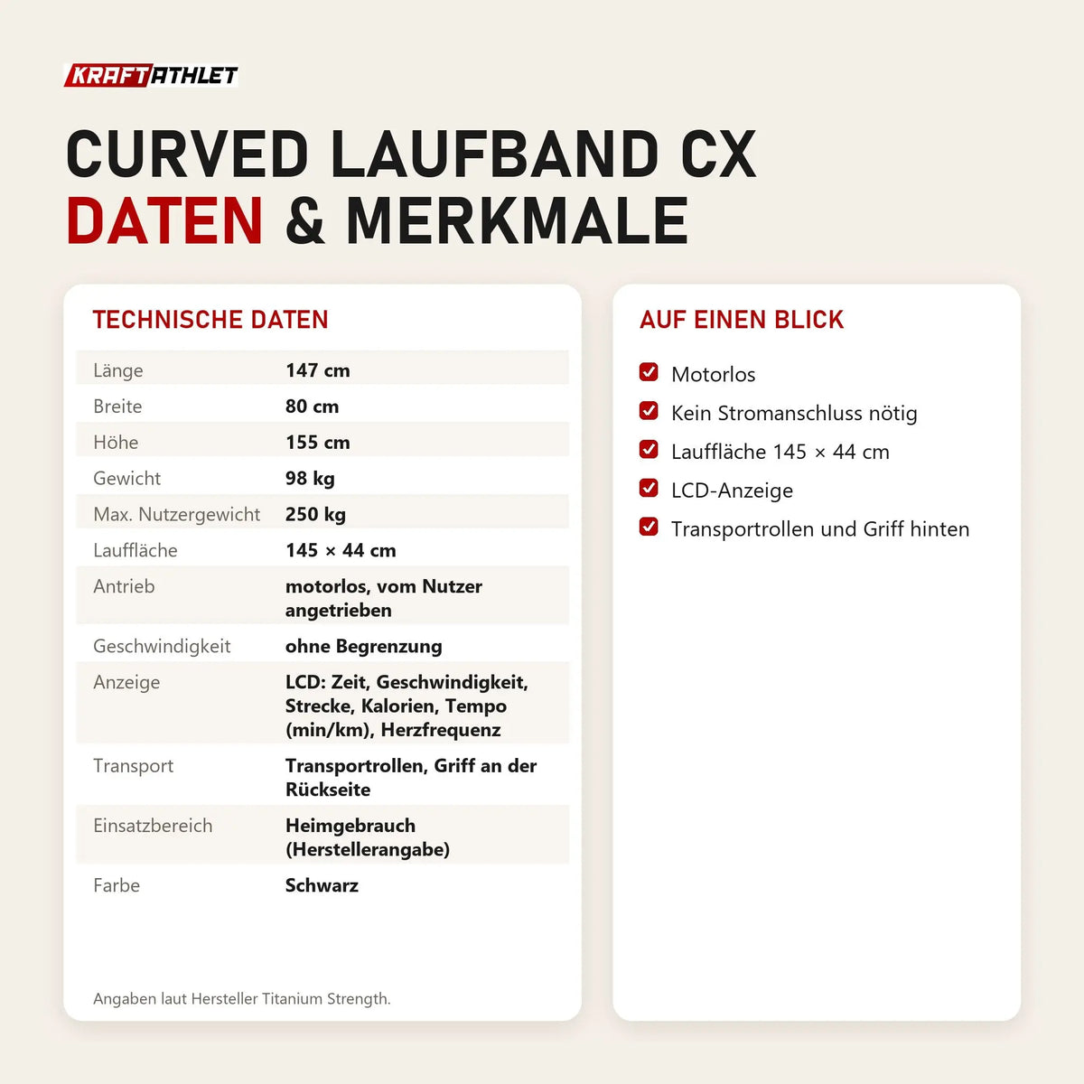 Technische Daten und Merkmale von Titanium Strength Curved Laufband CX als Tabelle