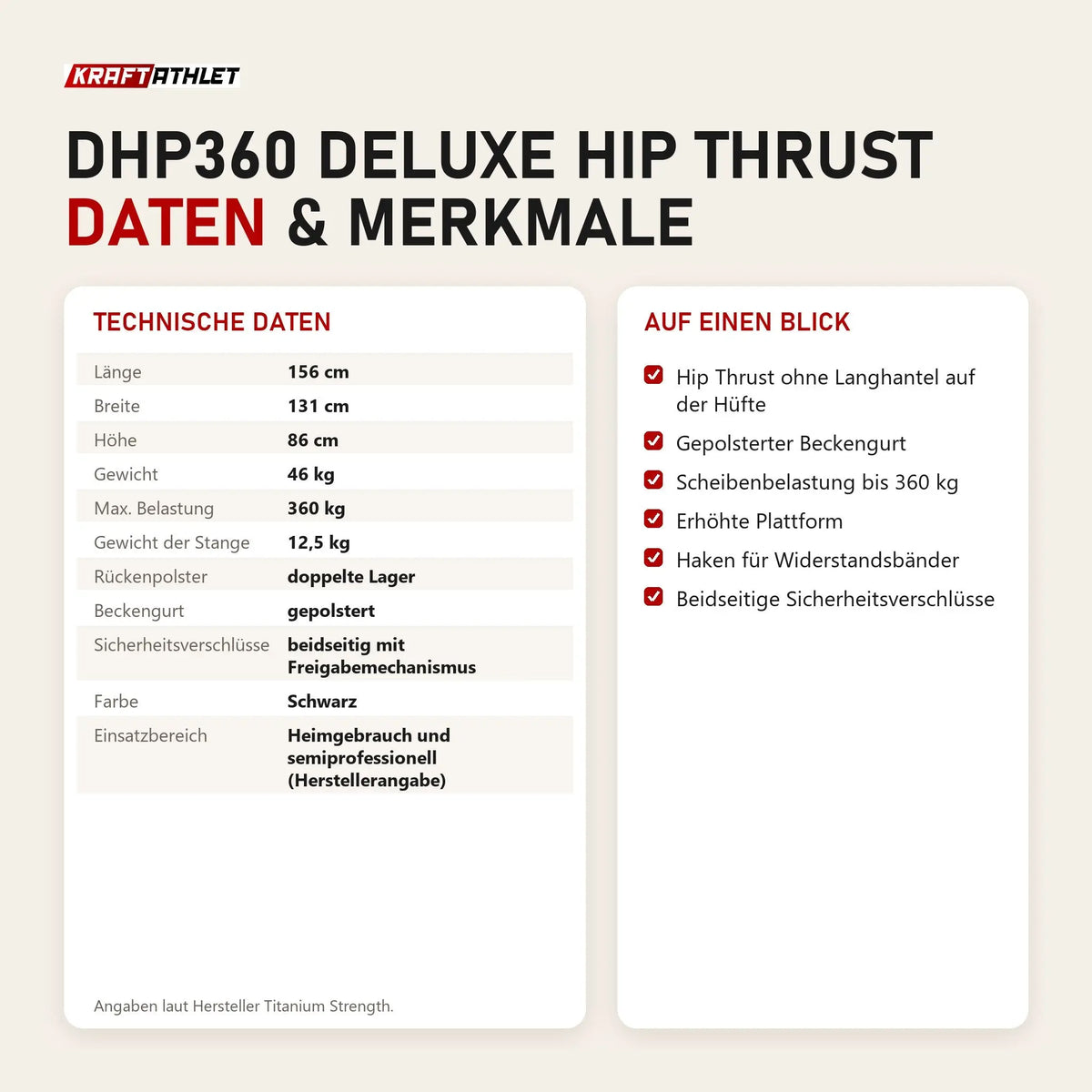 Technische Daten und Merkmale von Titanium Strength DHP360 Deluxe Hip Thrust als Tabelle