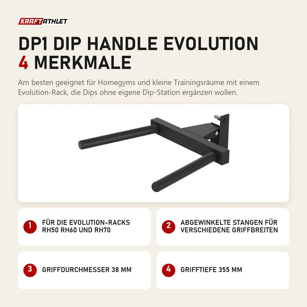 Titanium Strength DP1 Dip Handle Evolution mit 4 Merkmalen: Für die Evolution-Racks RH50 RH60 und RH70, Abgewinkelte Stangen für verschiedene Griffbreiten, Griffdurchmesser 38 mm, Grifftiefe 355 mm