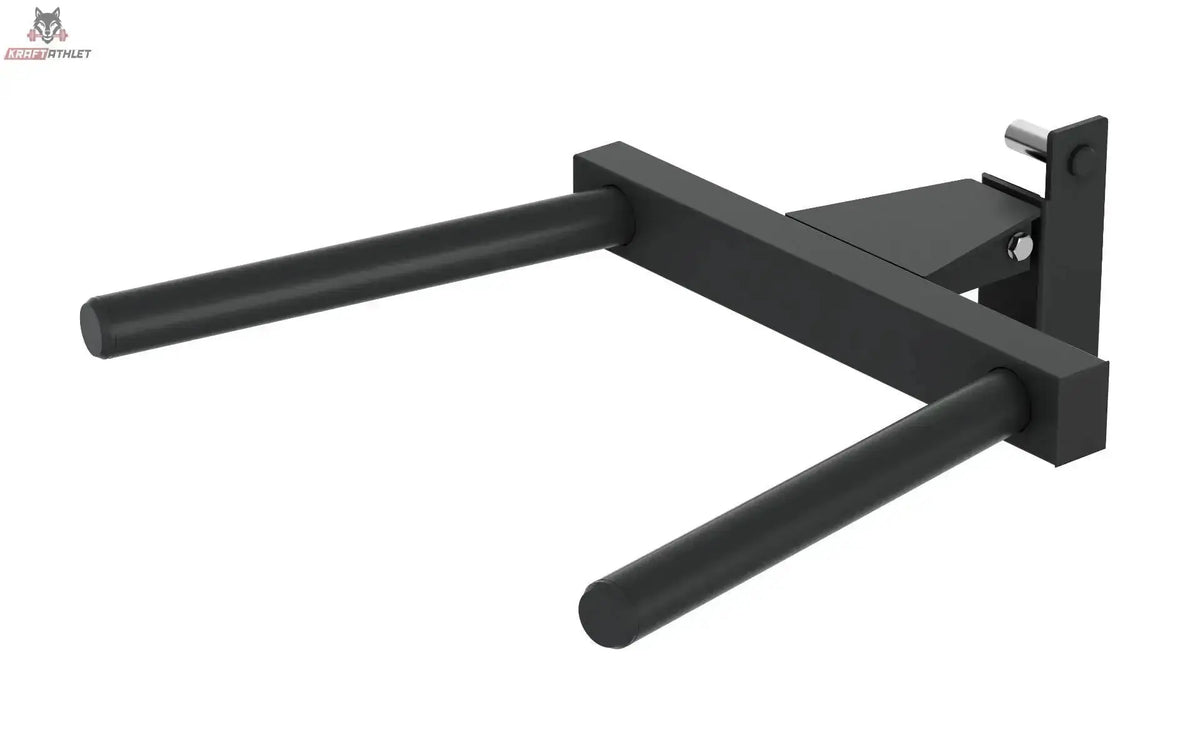 Titanium Strength DP2 Dip Handle in Schrägansicht von links, schwarzer Dipgriff mit zwei parallelen Holmen