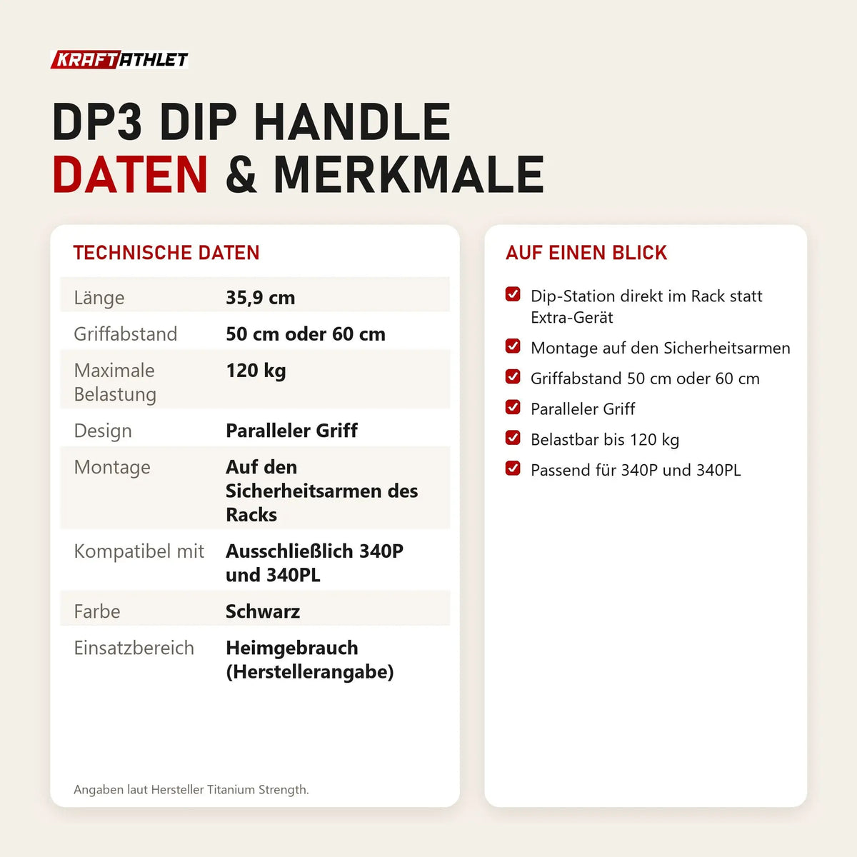 Technische Daten und Merkmale von Titanium Strength DP3 Dip Handle als Tabelle