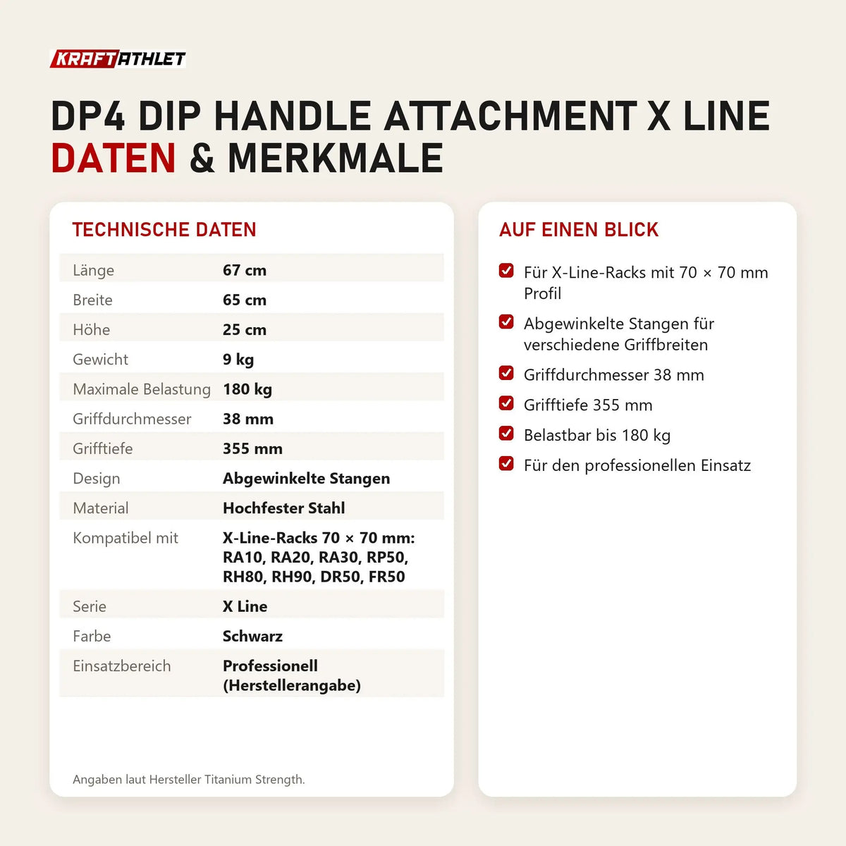 Technische Daten und Merkmale von Titanium Strength DP4 Dip Handle Attachment X Line als Tabelle