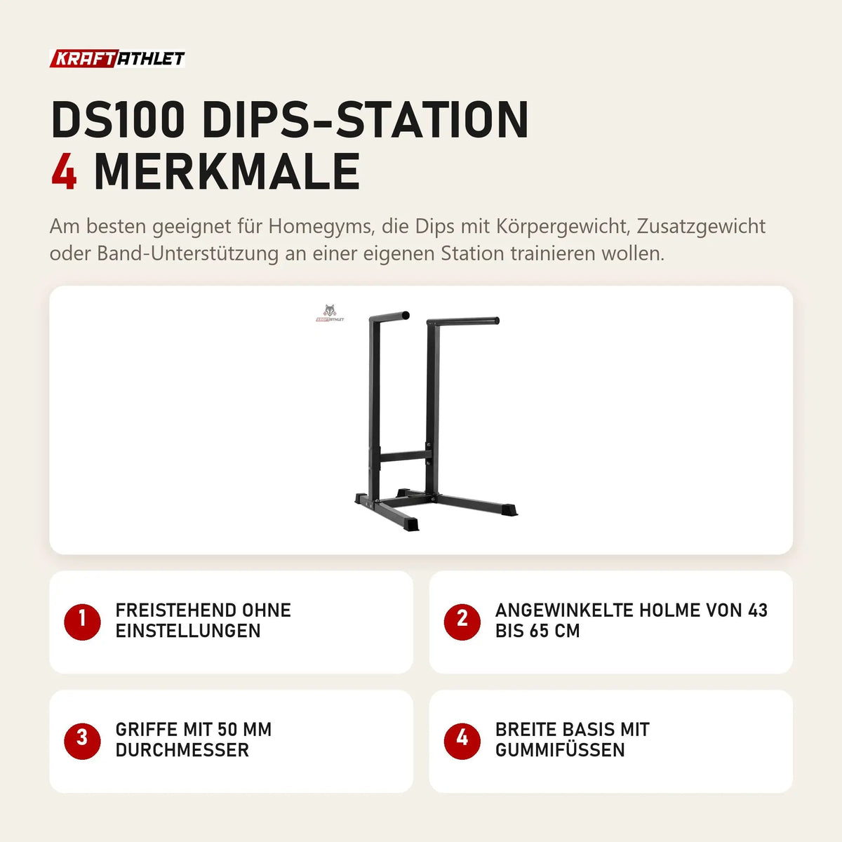 Titanium Strength DS100 Dips-Station mit 4 Merkmalen: Freistehend ohne Einstellungen, Angewinkelte Holme von 43 bis 65 cm, Griffe mit 50 mm Durchmesser, Breite Basis mit Gummifüßen