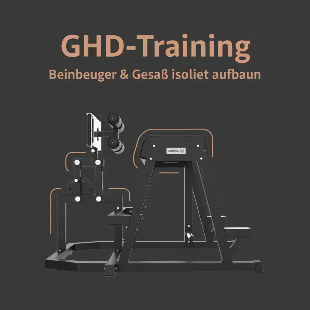 Titanium Strength Elite Series 2-in-1 GHD & Reverse Hyperextension als Infografik zum GHD-Training mit hervorgehobenen Polstern