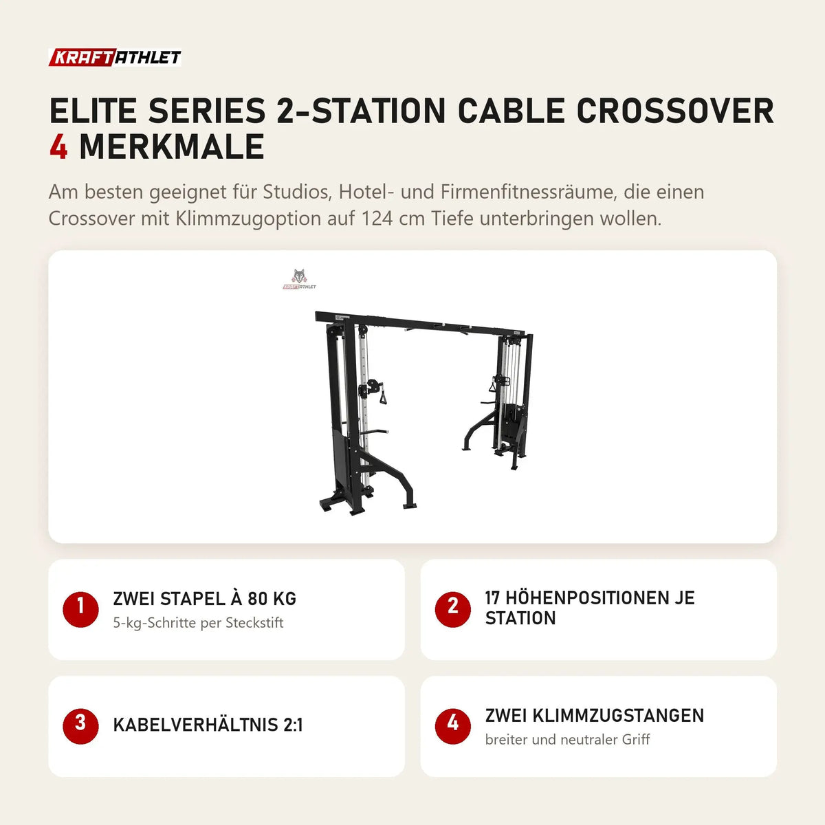 Titanium Strength Elite Series 2-Station Cable Crossover mit 4 Merkmalen: Zwei Stapel à 80 kg, 17 Höhenpositionen je Station, Kabelverhältnis 2:1, Zwei Klimmzugstangen